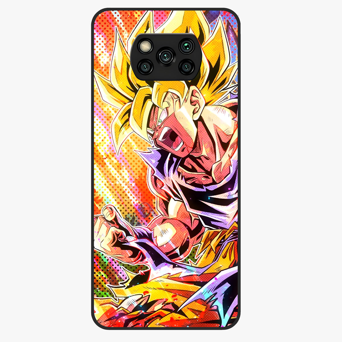 Firing Goku Glass Case showing flat back view with powerful anime inspired artwork and glossy glass finish.