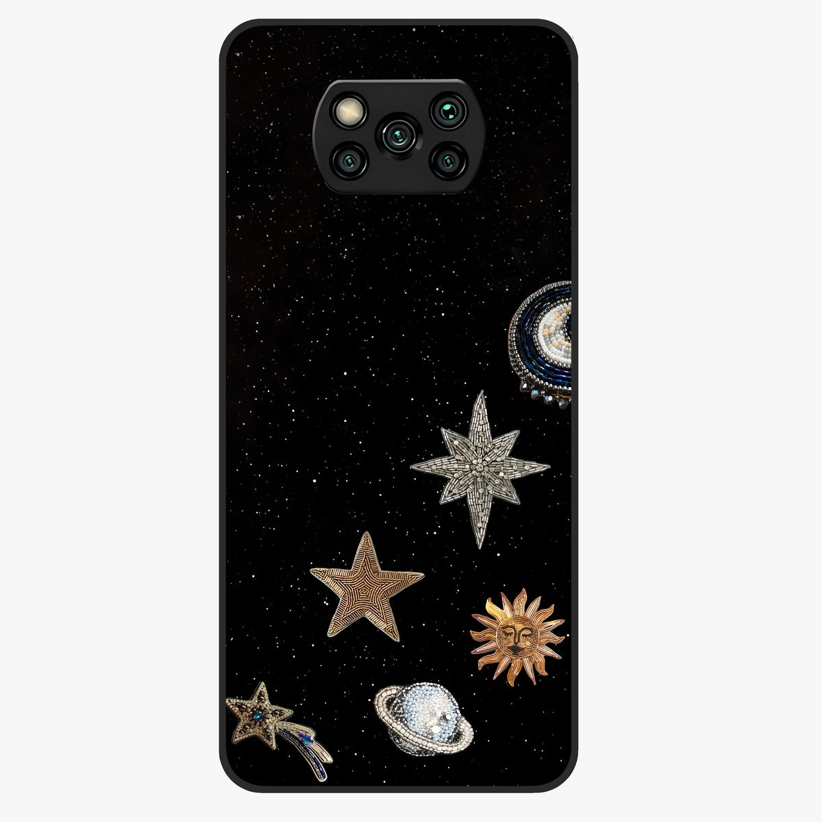Galactic Charm Glow Glass Case showing flat back view with glowing celestial charm artwork and glossy glass finish.