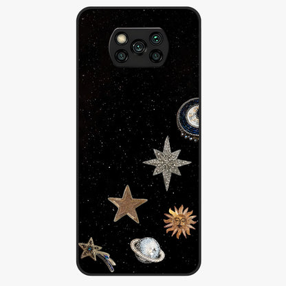 Galactic Charm Glow Glass Case showing flat back view with glowing celestial charm artwork and glossy glass finish.