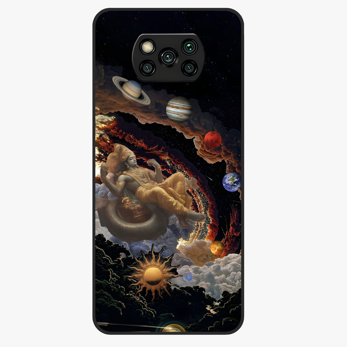 Galactic Divine God Glass Case showing flat back view with divine cosmic themed artwork and glossy glass finish.