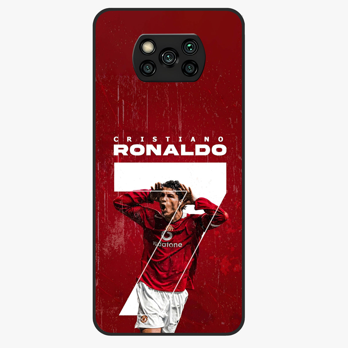 Goal Celebration Legacy Glass Case showing flat back view with football celebration inspired artwork and glossy glass finish.