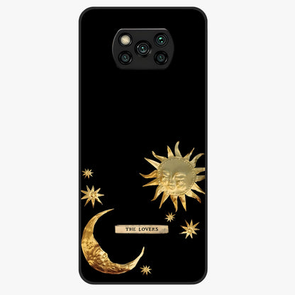 Golden Celestial Charm Glass Case showing flat back view with golden celestial charm artwork and glossy glass finish.