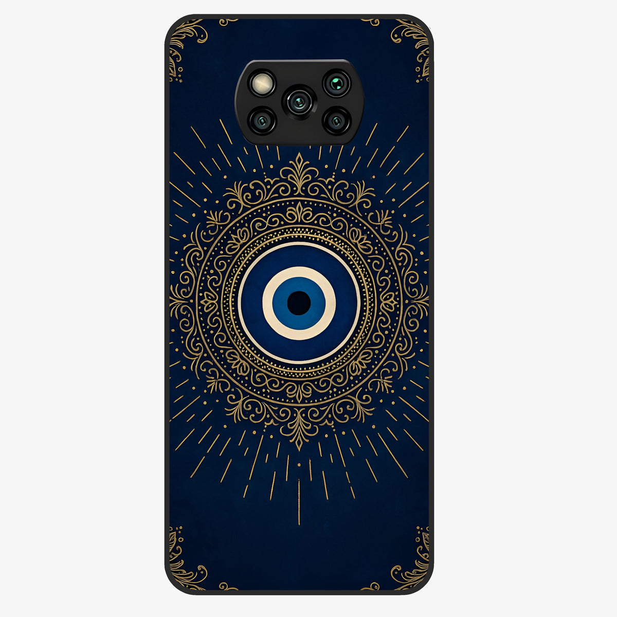 Golden Evil Eye Mandala Glass Case showing flat back view with intricate evil eye mandala artwork and glossy glass finish.
