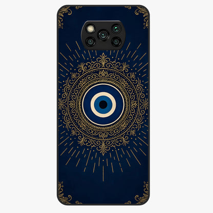 Golden Evil Eye Mandala Glass Case showing flat back view with intricate evil eye mandala artwork and glossy glass finish.