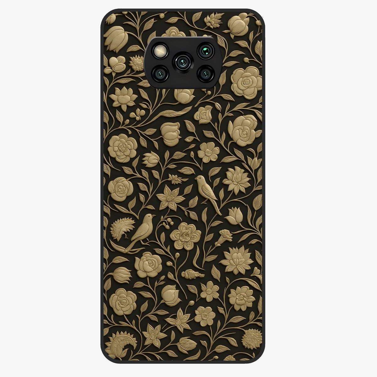 Golden Floral Majesty Glass Case showing flat back view with luxurious golden floral artwork and glossy glass finish.