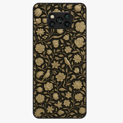 Golden Floral Majesty Glass Case showing flat back view with luxurious golden floral artwork and glossy glass finish.
