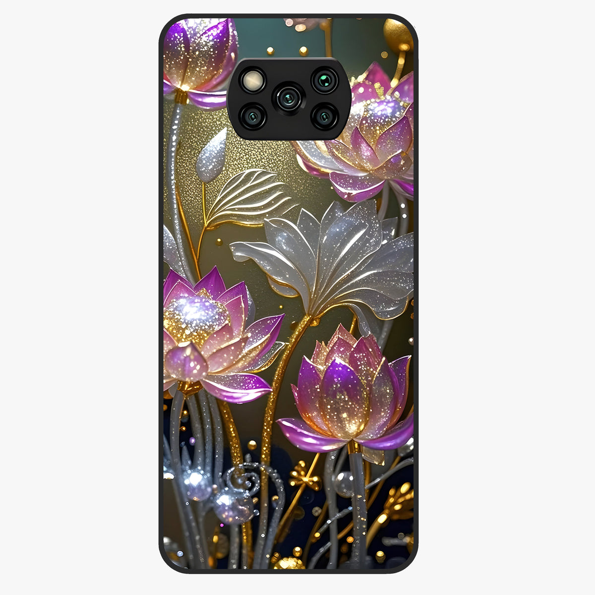 Golden Lotus Glow Glass Case showing flat back view with glowing lotus flower artwork and glossy glass finish.