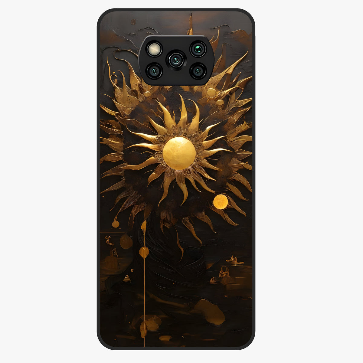 Golden Sun Majesty Glass Case showing flat back view with radiant golden sun artwork and glossy glass finish.