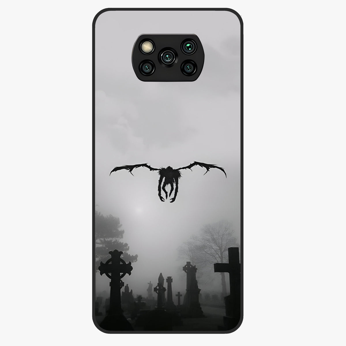 Graveyard Shadow Descent Glass Case showing flat back view with dark graveyard themed artwork and glossy glass finish.