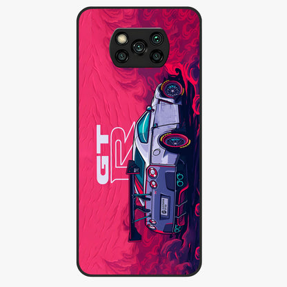GT-R Car Pattern Glass Case showing flat back view with sporty car inspired pattern artwork and glossy glass finish.
