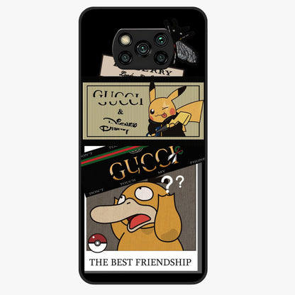 Gucci Play Mashup Glass Case showing flat back view with luxury inspired graphic artwork and glossy glass finish.