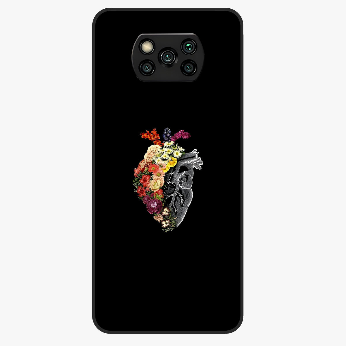 Heart With Flowers Glass Case showing flat back view with heart shaped floral artwork and glossy glass finish.