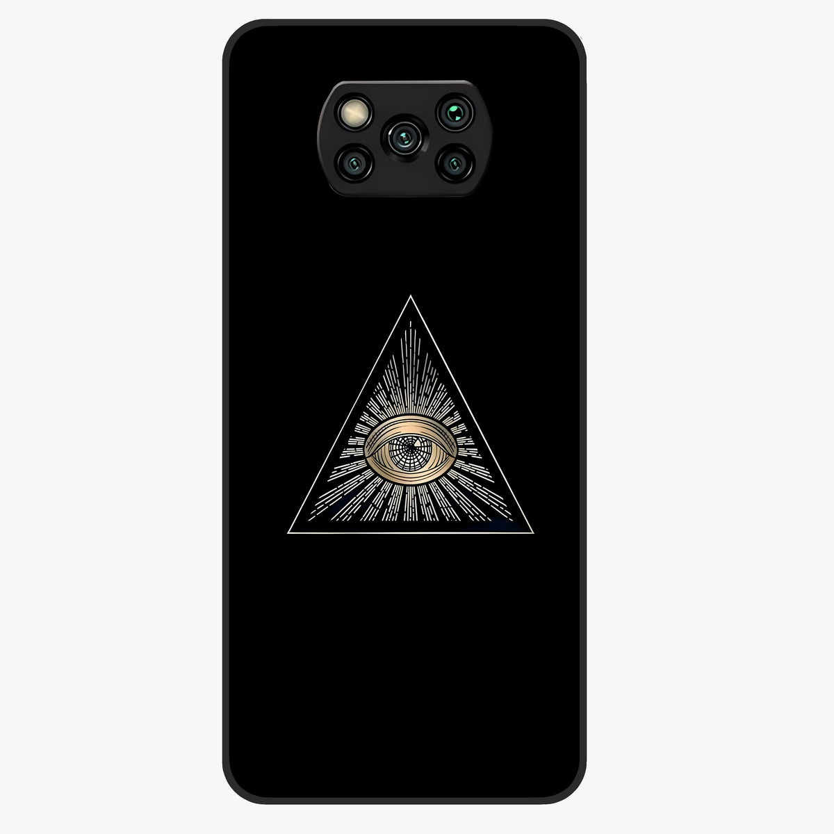 Illuminati Evil Glass Case showing flat back view with mysterious illuminati symbol artwork and glossy glass finish.