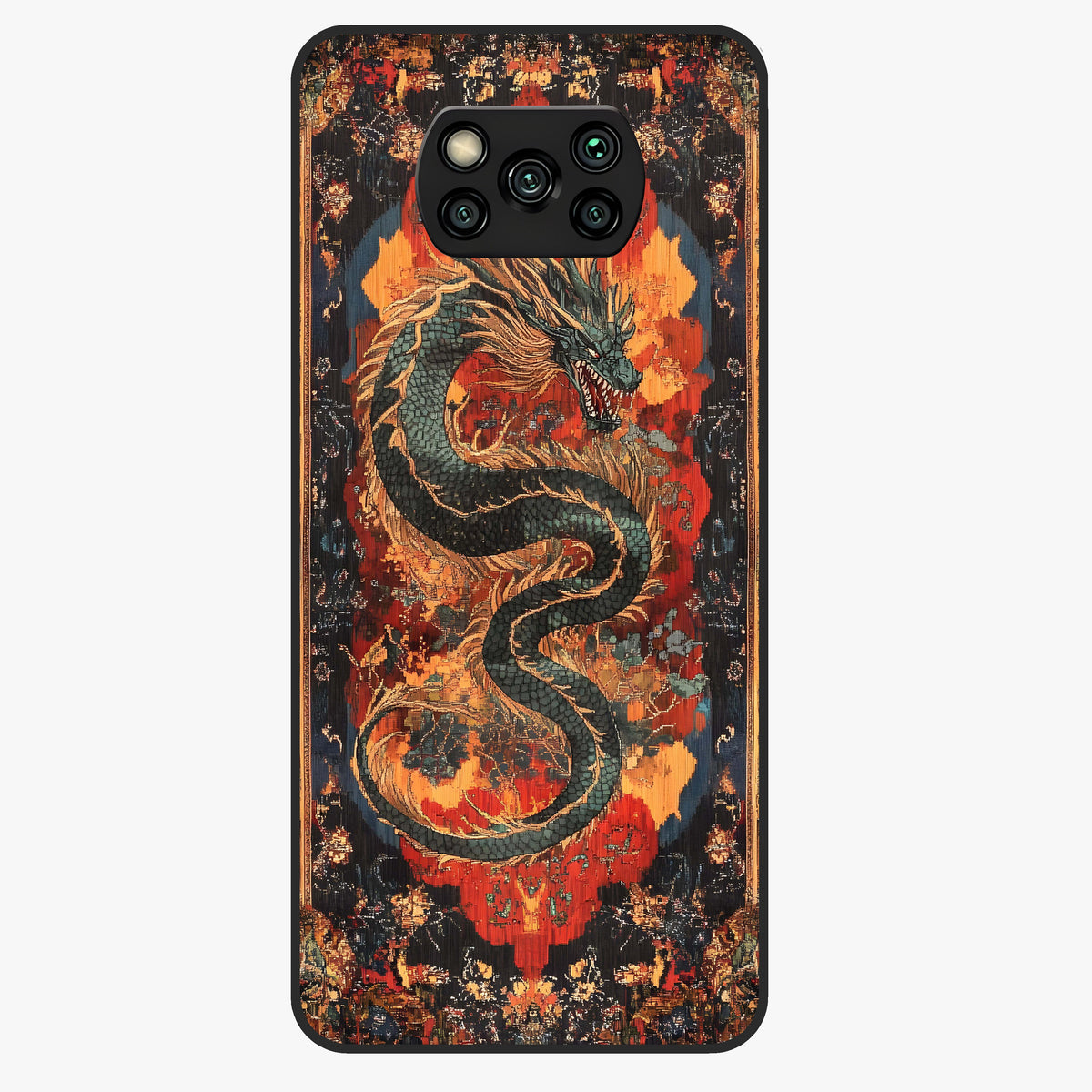 Inferno Dragon Soul Glass Case showing flat back view with fiery dragon artwork and glossy glass finish.
