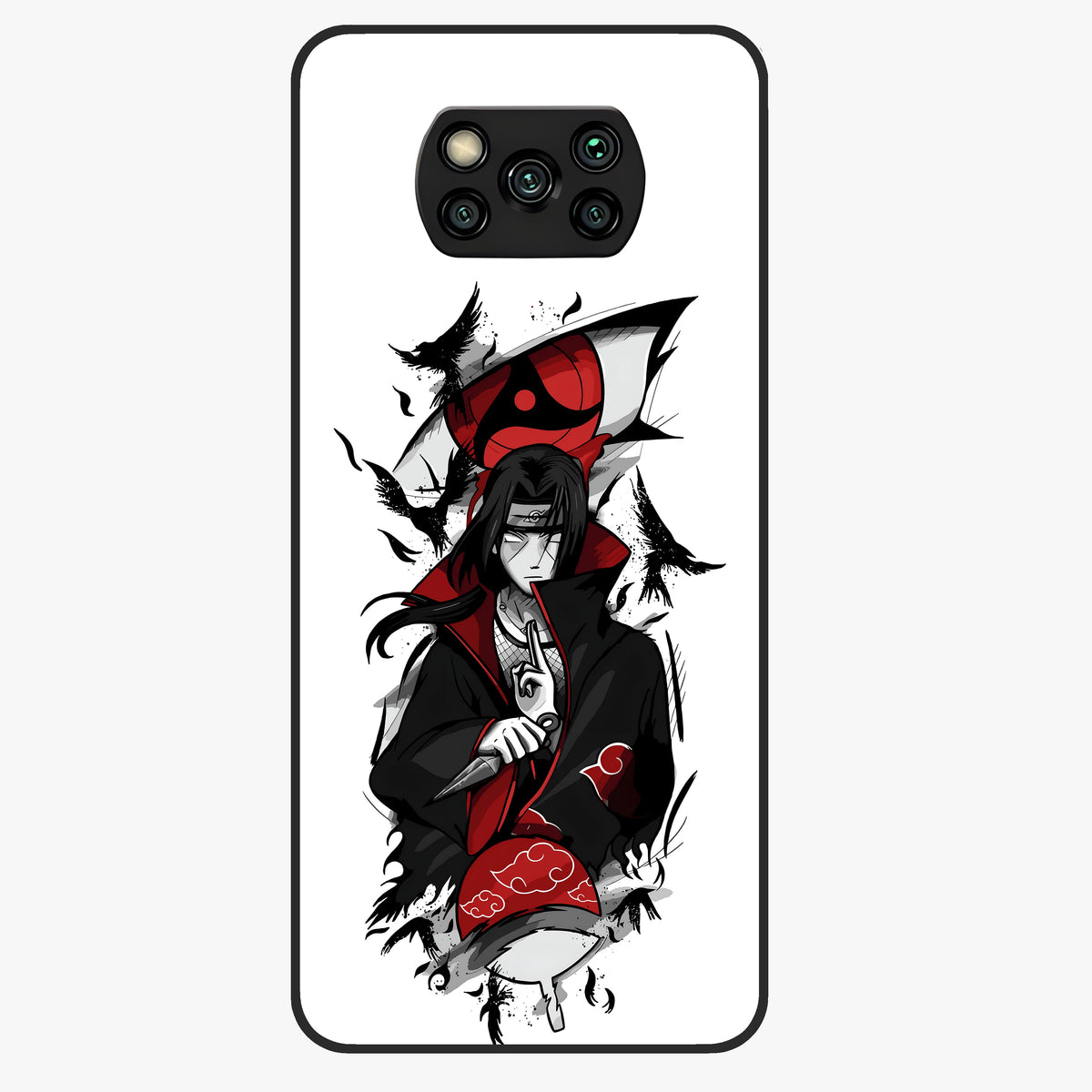 Itachi Sharingan Glass Case showing flat back view with powerful anime eye artwork and glossy glass finish.