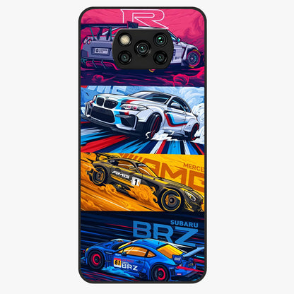 JDM Sports Car Glass Case showing flat back view with high performance sports car artwork and glossy glass finish.