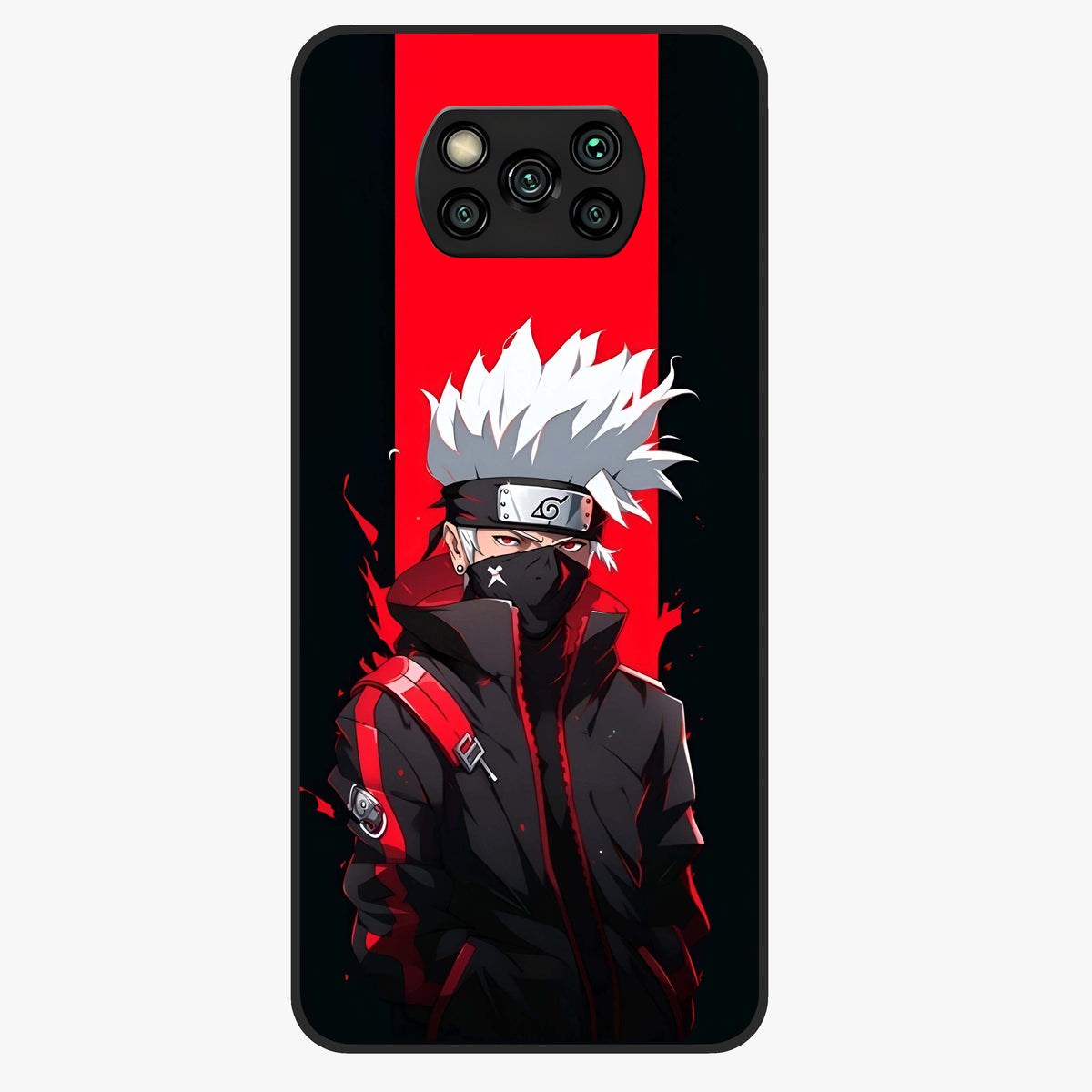 Kakashi Scarlet Shadow Glass Case showing flat back view with powerful anime ninja artwork and glossy glass finish.