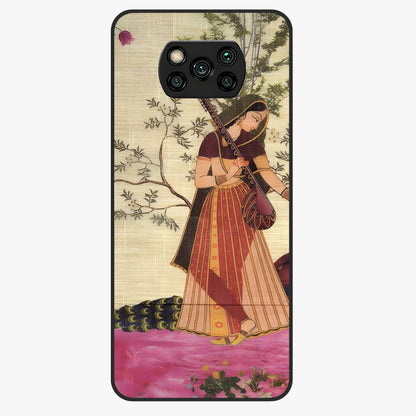 Lady With Veena Art Glass Case showing flat back view with elegant woman playing veena artwork and glossy glass finish.
