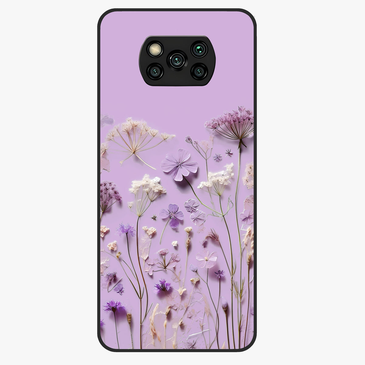 Lavender Blossom Dream Glass Case showing flat back view with soft lavender floral artwork and glossy glass finish.