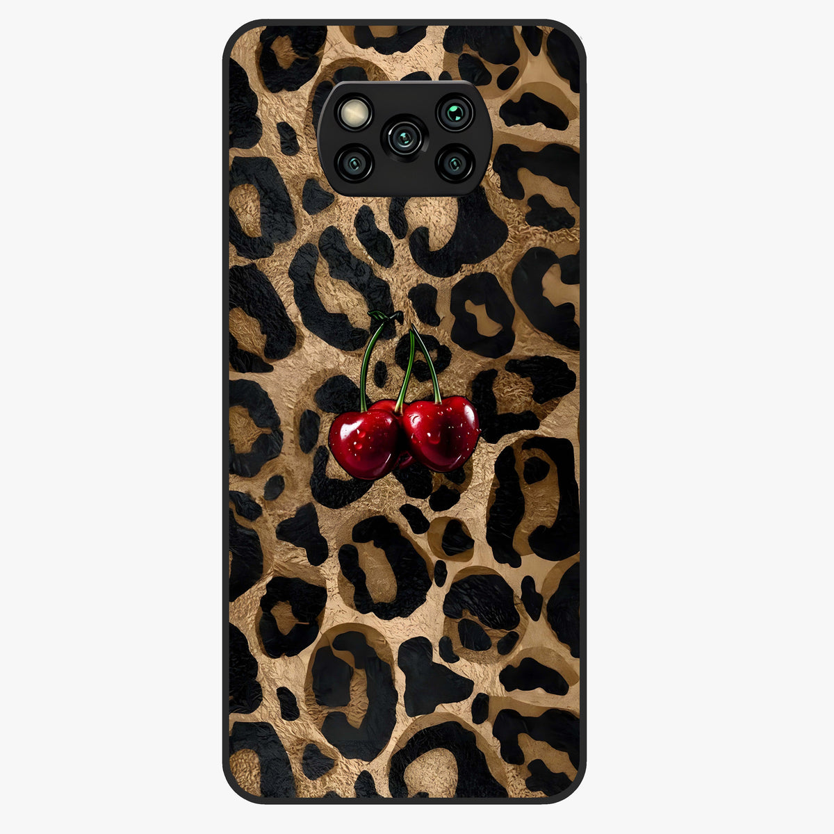 Leopard Wild Cherry Glass Case showing flat back view with leopard pattern and cherry artwork and glossy glass finish.