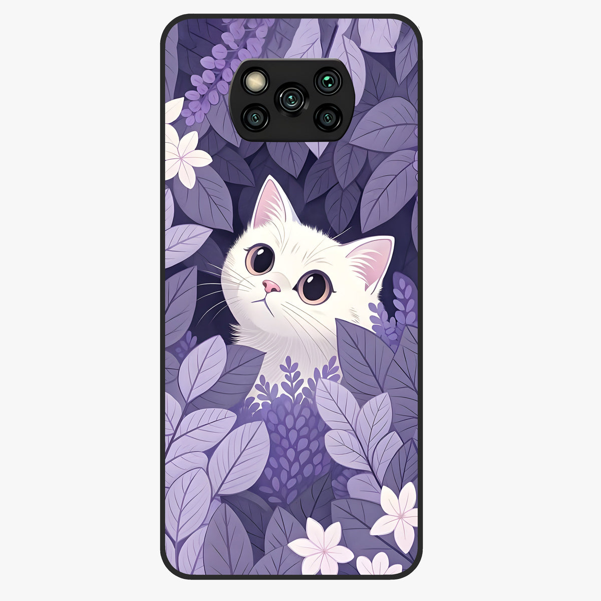 Lilac Hide Peek Cat Glass Case showing flat back view with cute peeking cat artwork and glossy glass finish.