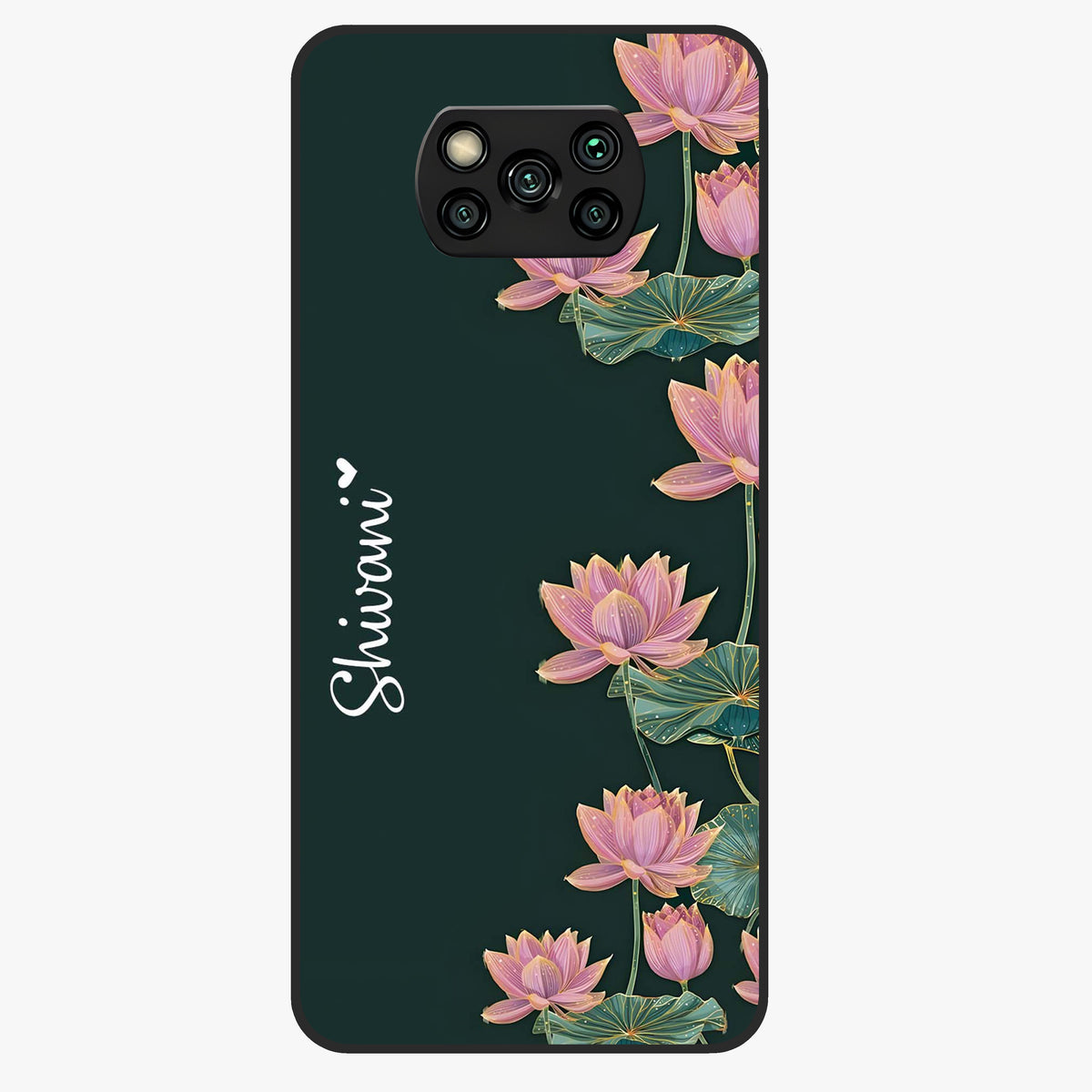 Lotus Bloom Serenity Custom Name Glass Case showing flat back view with elegant lotus flower artwork and personalized name design.