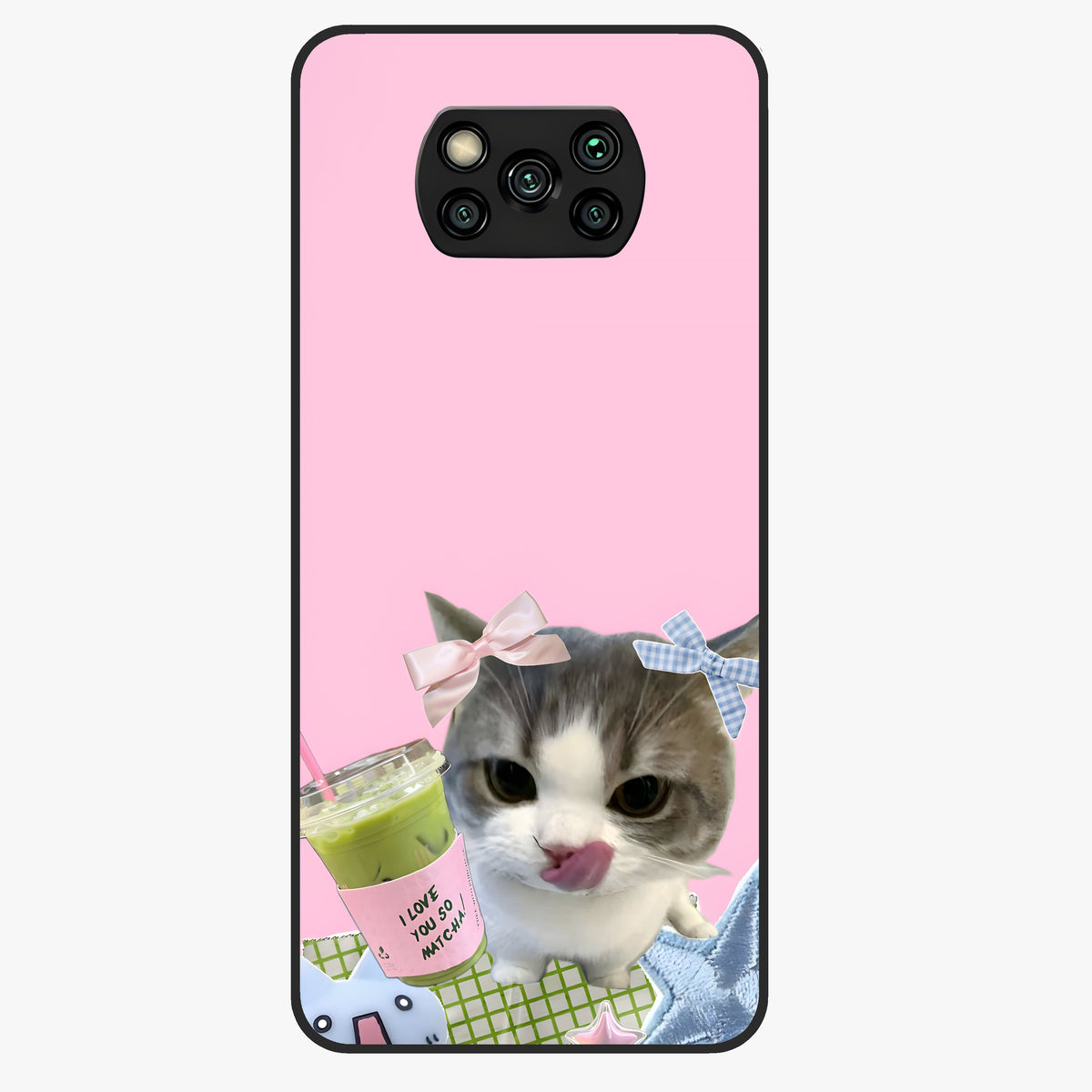 Love Matcha Cat Glass Case showing flat back view with cute cat and matcha themed artwork and glossy glass finish.