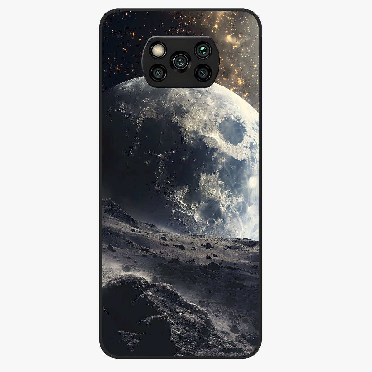 Lunar Horizon Glow Glass Case showing flat back view with glowing moon horizon artwork and glossy glass finish.