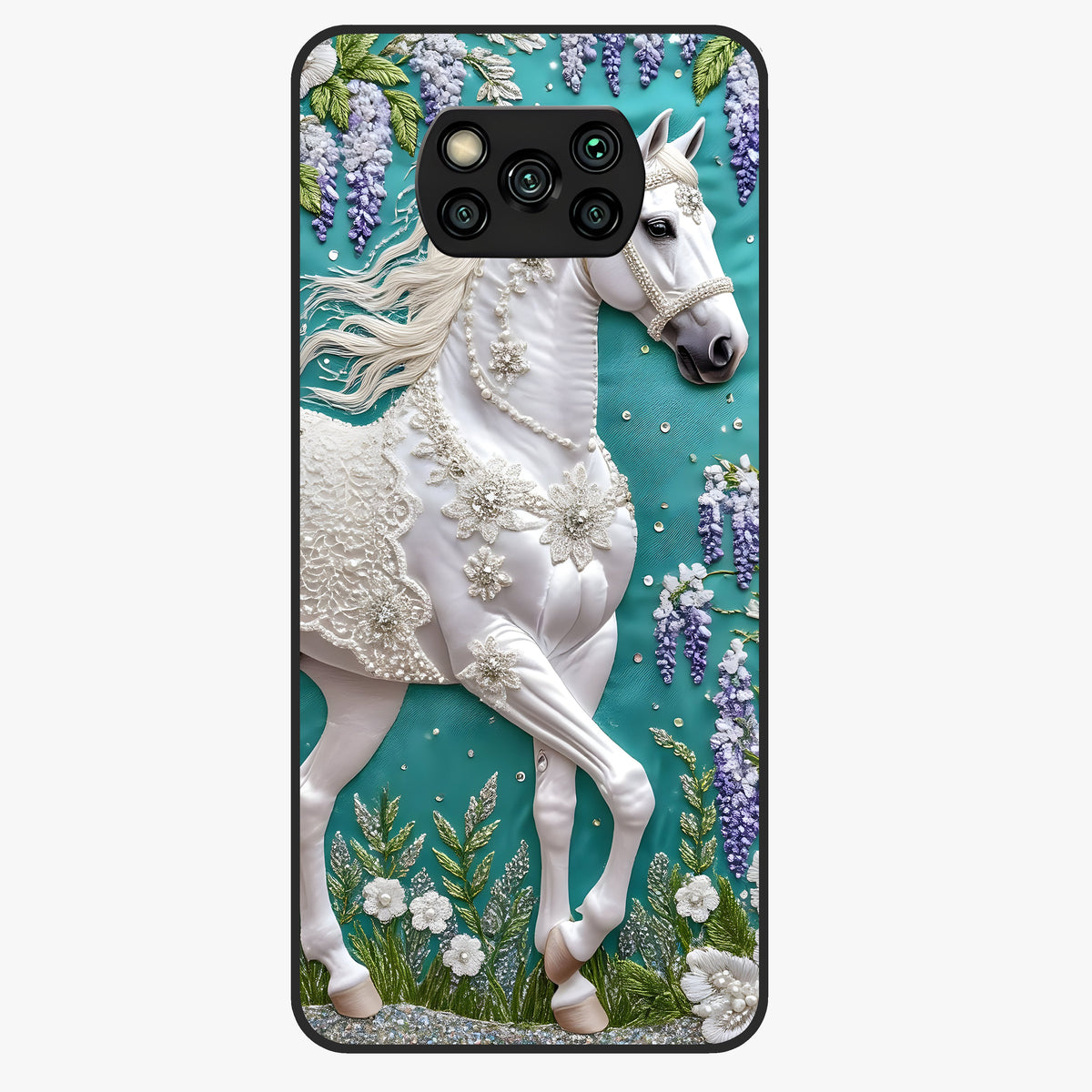 Majestic Floral Stallion Glass Case showing flat back view with powerful horse and floral artwork and glossy glass finish.