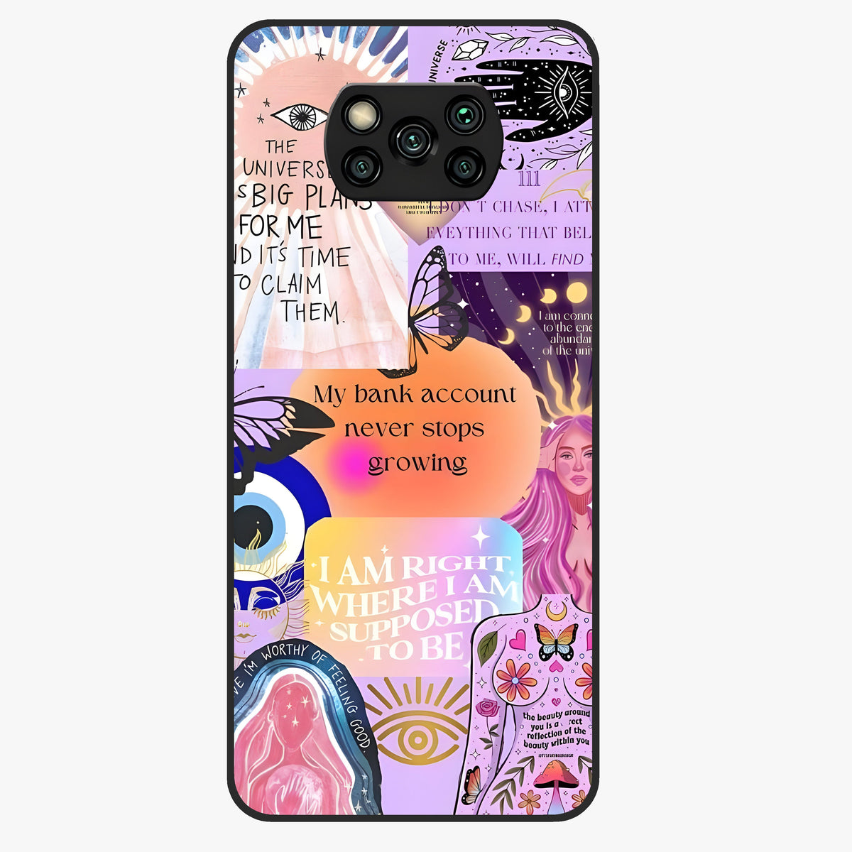 Manifestation Collage Glass Case showing flat back view with motivational collage artwork and glossy glass finish.