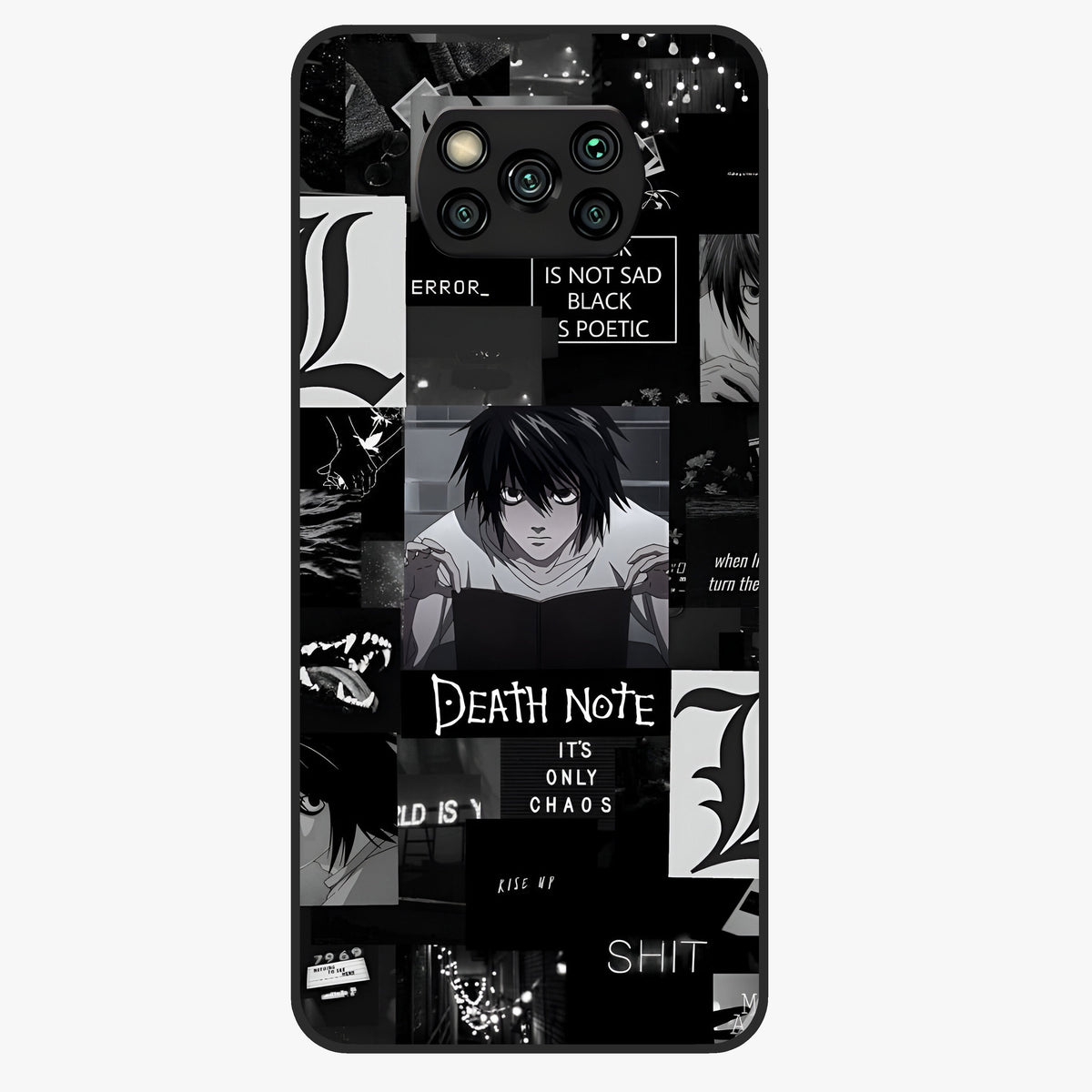 Midnight Chaos Mind Glass Case showing flat back view with abstract dark themed artwork and glossy glass finish.