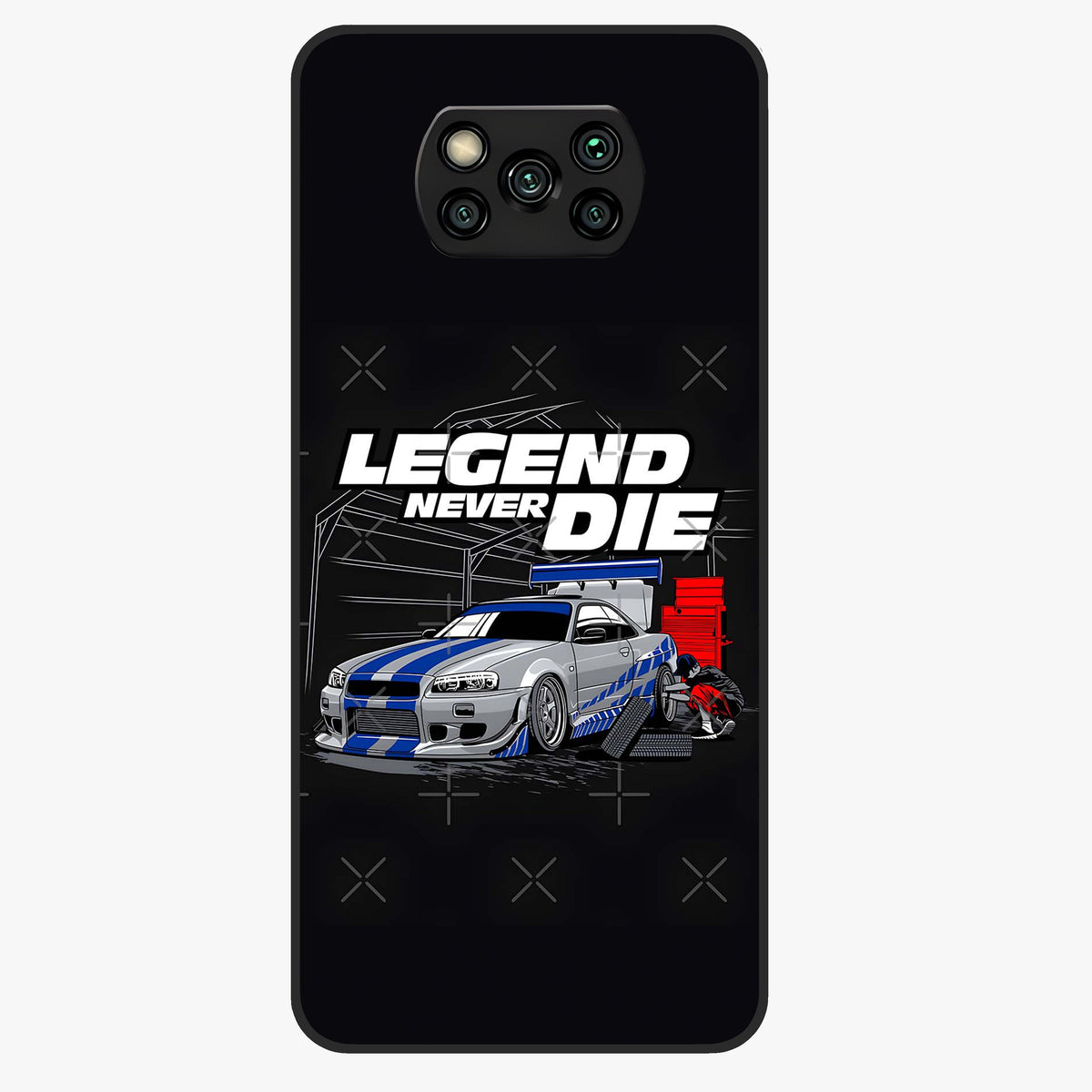 Midnight Racing Legacy Glass Case showing flat back view with sleek racing inspired artwork and glossy glass finish.
