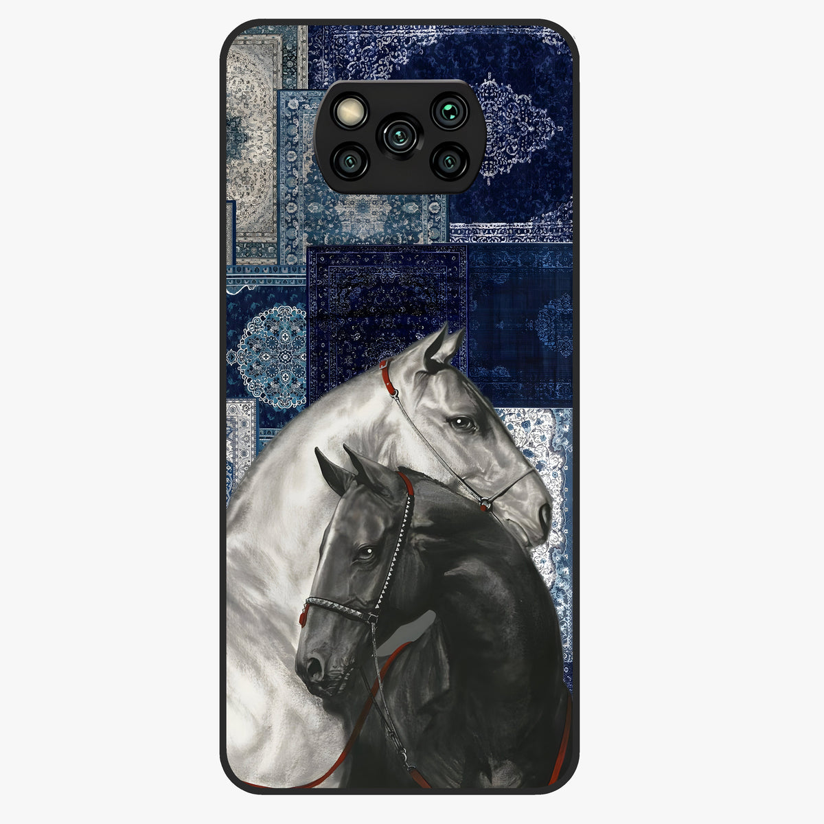 Midnight Stallion Blues Glass Case showing flat back view with majestic horse artwork and glossy glass finish.
