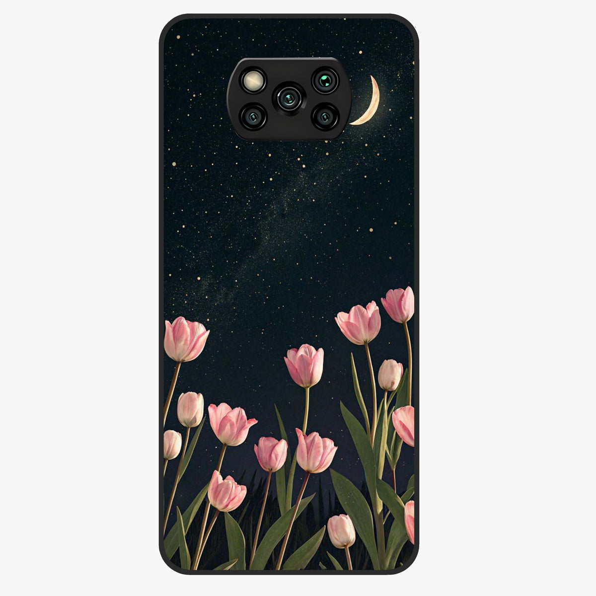 Midnight Tulip Whispers Vibe Glass Case showing flat back view with elegant tulip flower artwork and glossy glass finish.