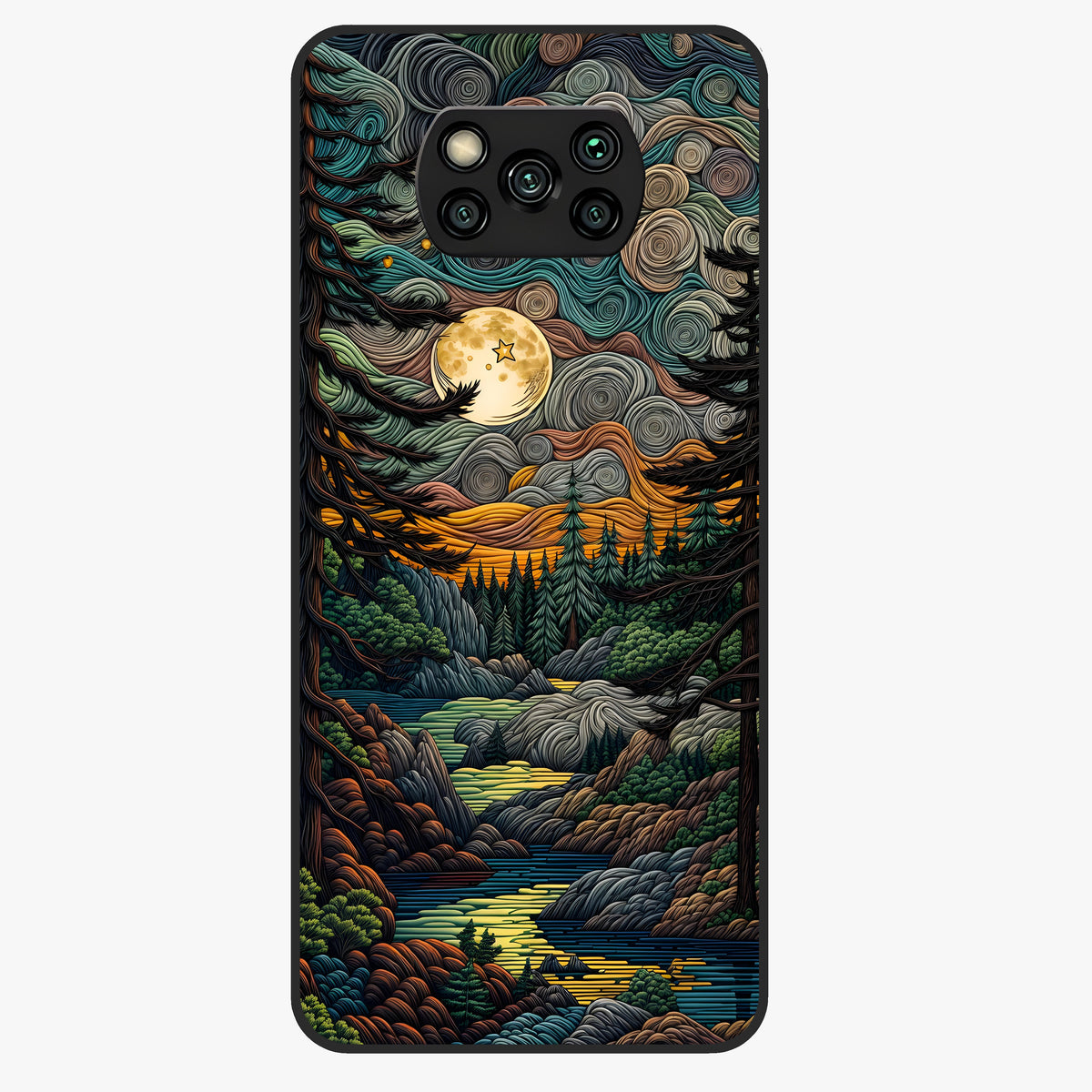 Moonlight Forest Dream Glass Case showing flat back view with mystical forest moonlight artwork and glossy glass finish.