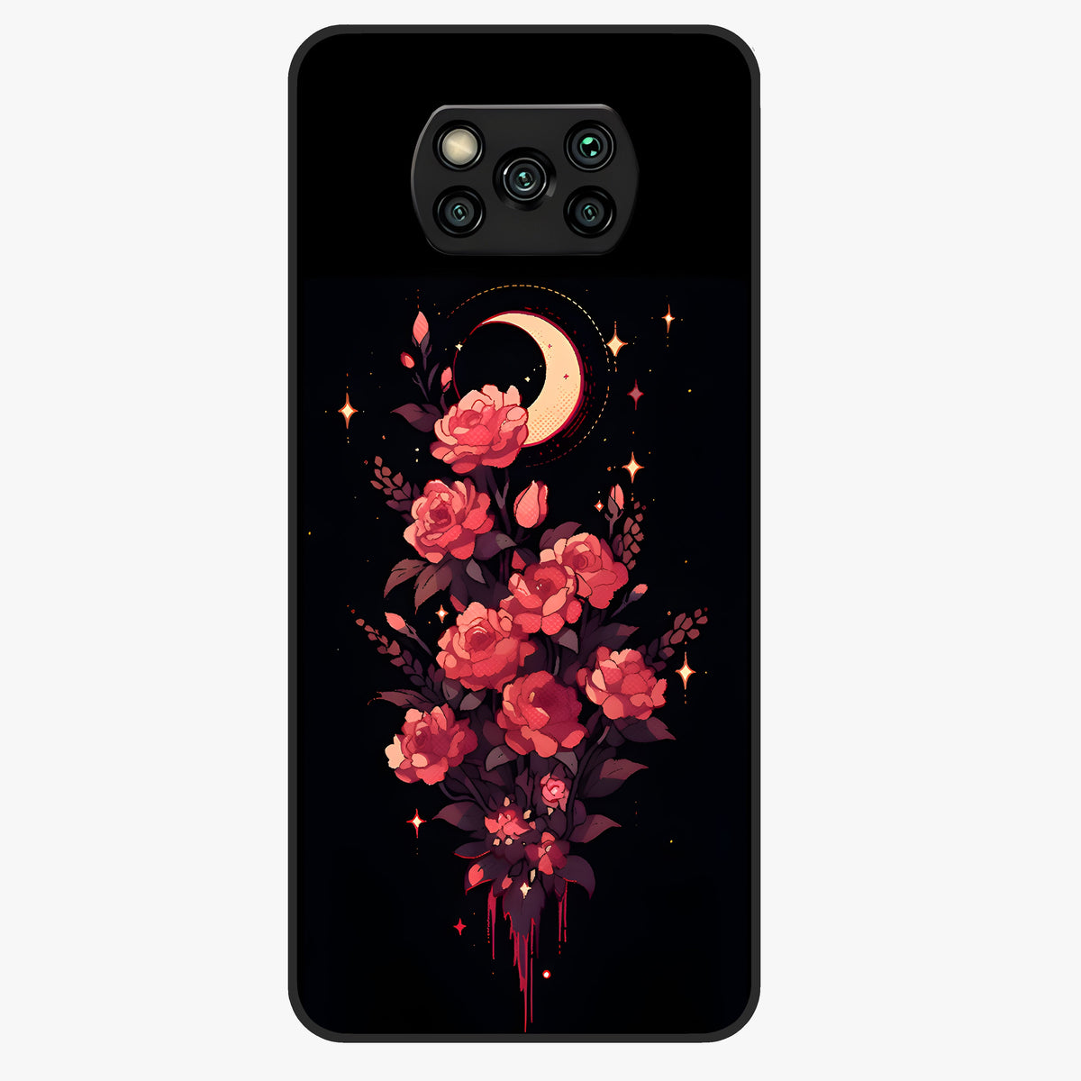 Moonlit Floral Elegance Glass Case showing flat back view with elegant floral artwork under moonlit tones and glossy glass finish.