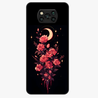 Moonlit Floral Elegance Glass Case showing flat back view with elegant floral artwork under moonlit tones and glossy glass finish.