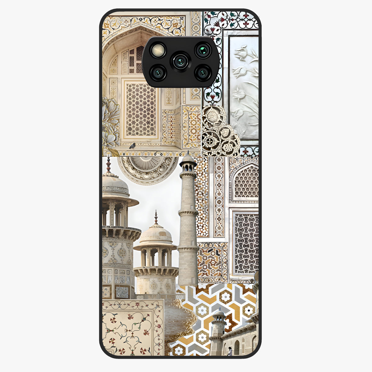 Mughal Marble Legacy Glass Case showing flat back view with intricate Mughal inspired marble pattern and glossy glass finish.