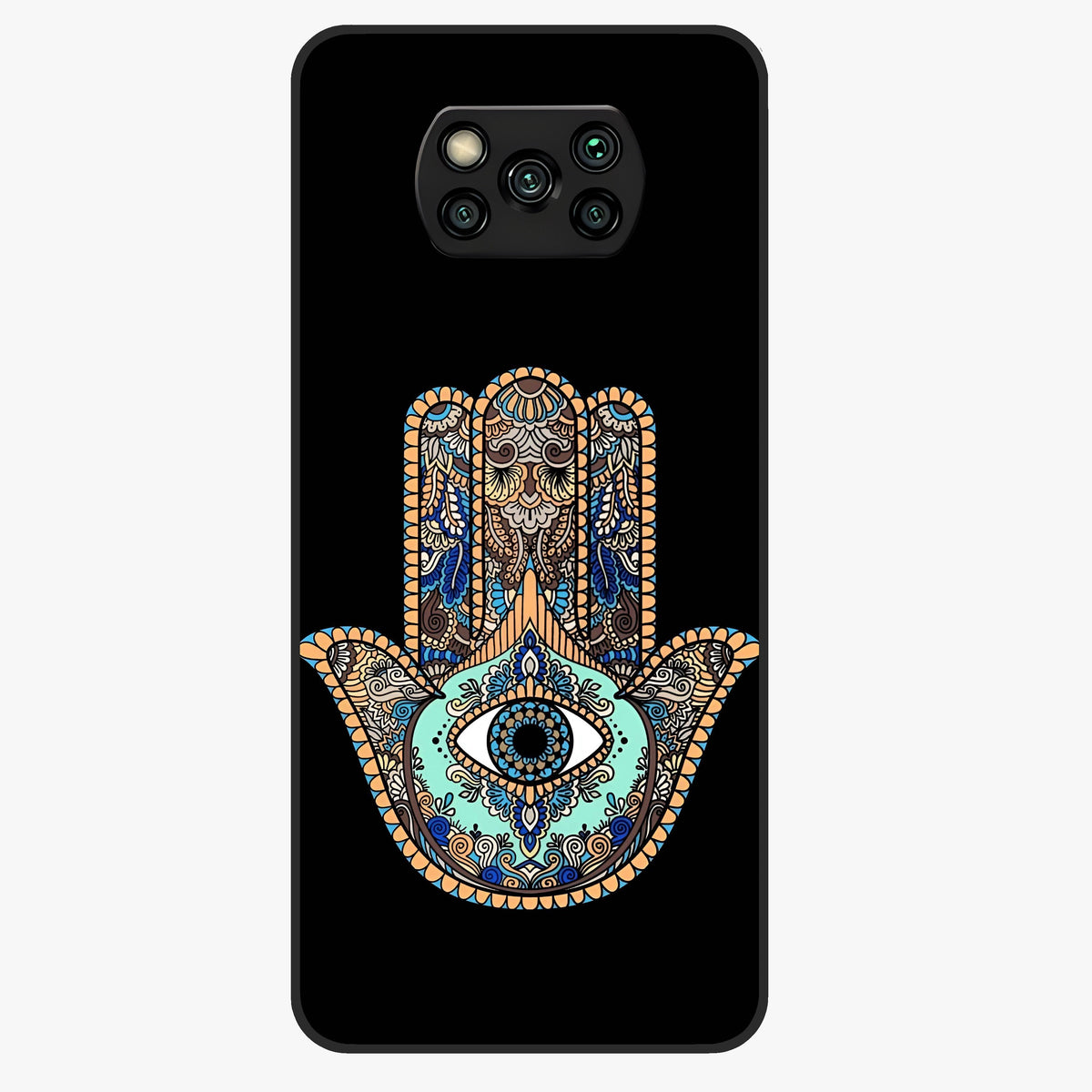 Mystic Hamsa Eye Glass Case showing flat back view with protective hamsa hand and evil eye artwork and glossy glass finish.