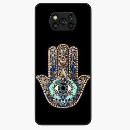 Mystic Hamsa Eye Glass Case showing flat back view with protective hamsa hand and evil eye artwork and glossy glass finish.