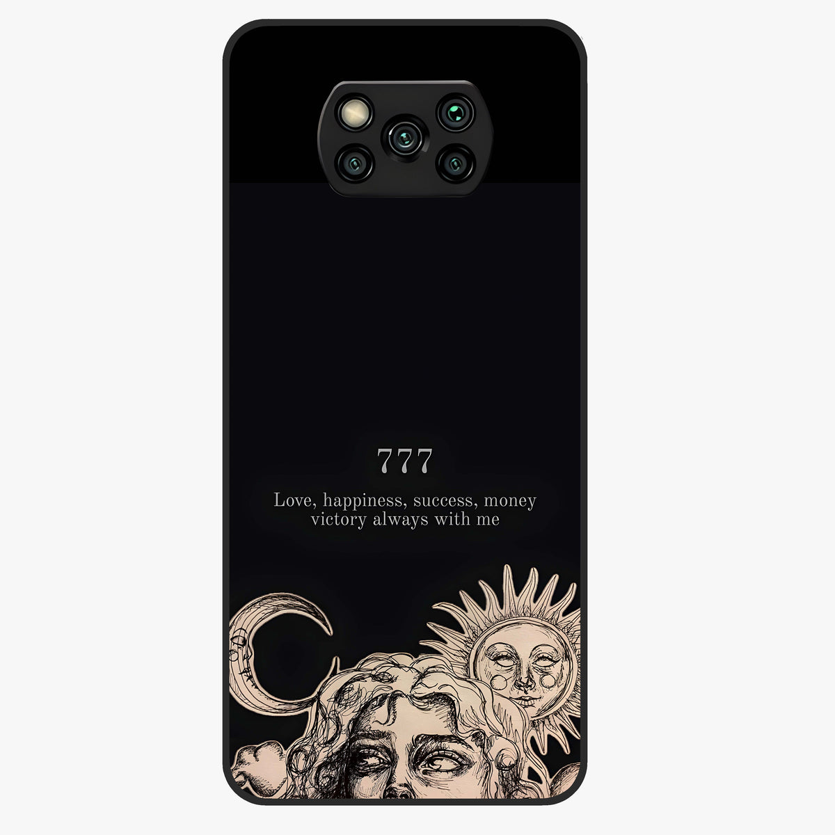 Mystic Victory Aura Glass Case showing flat back view with victory symbol artwork and glossy glass finish.
