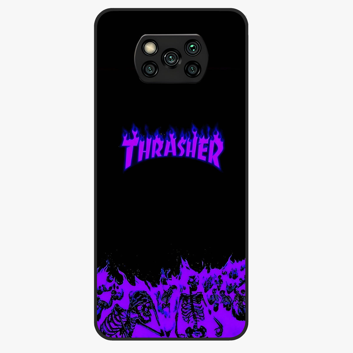 Neon Flame Riot Glass Case showing flat back view with neon flame artwork and glossy glass finish.