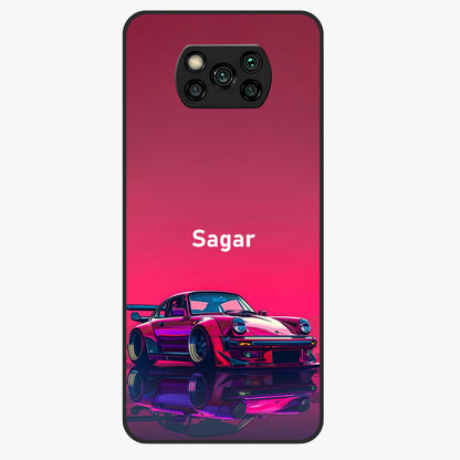Neon Pink Porsche Glass Case showing flat back view with stylish sports car artwork and glossy glass finish.