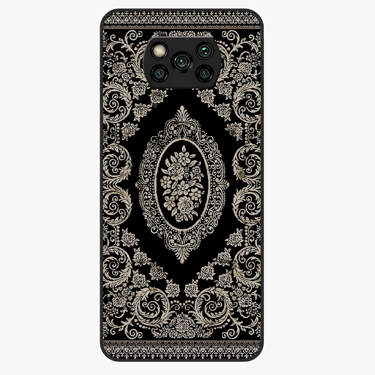 Noir Bloom Elegance Glass Case showing flat back view with elegant dark floral artwork and glossy glass finish.