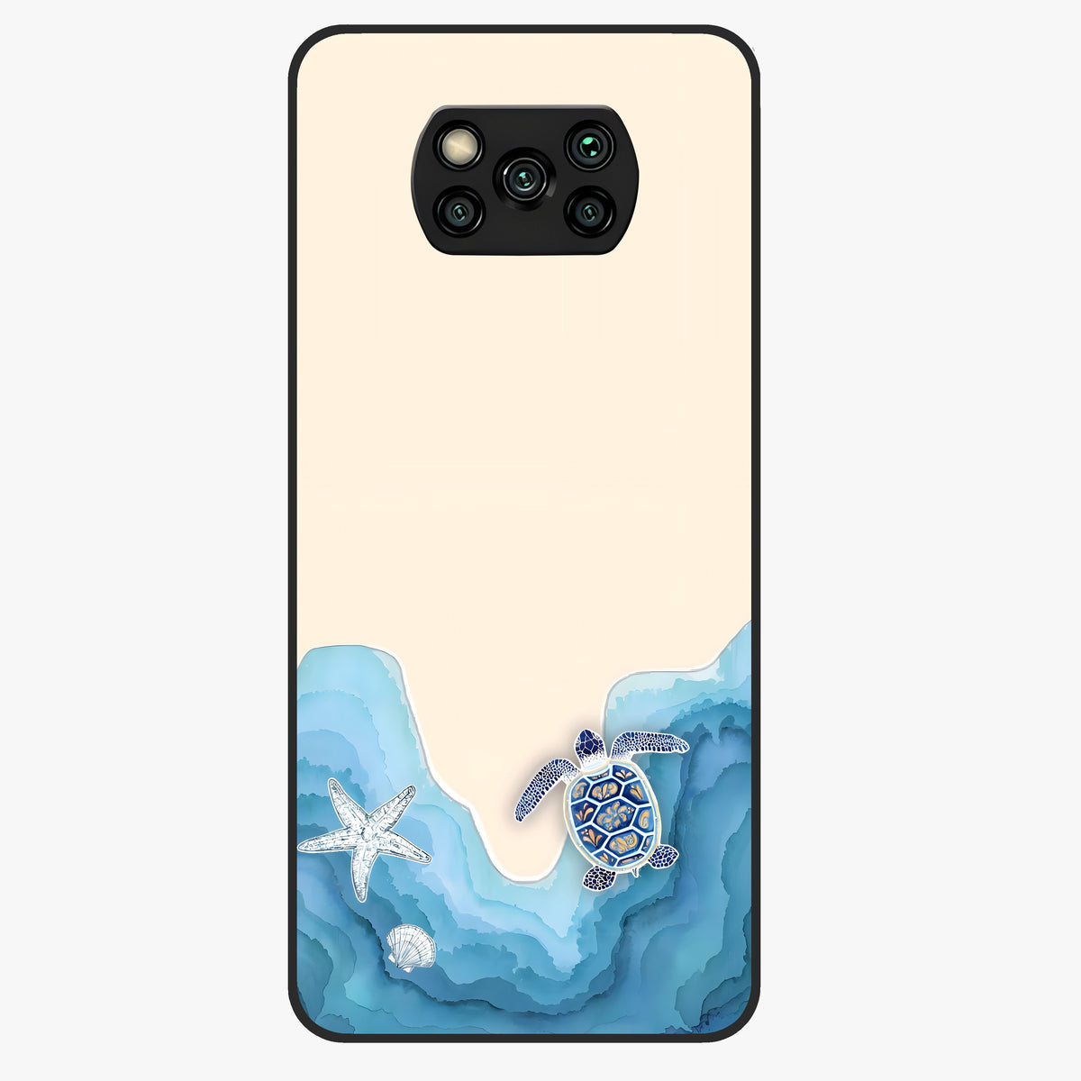 Ocean Drift Turtle Glass Case showing flat back view with sea turtle artwork and glossy glass finish.