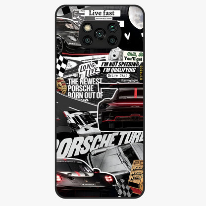 Porsche Racing Collage Glass Case showing flat back view with sports car racing collage artwork and glossy glass finish.