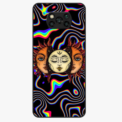 Psychedelic Sun Glass Case showing flat back view with colorful psychedelic sun artwork and glossy glass finish.
