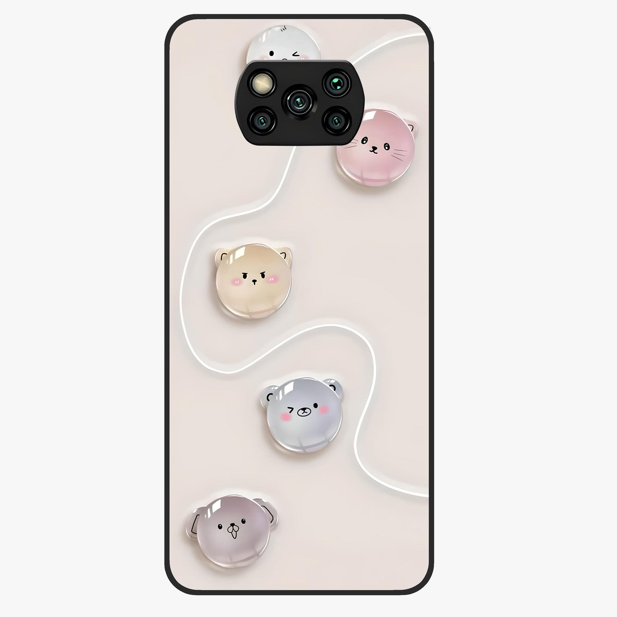Puffy Face Parade Glass Case showing flat back view with cute puffy character faces artwork and glossy glass finish.