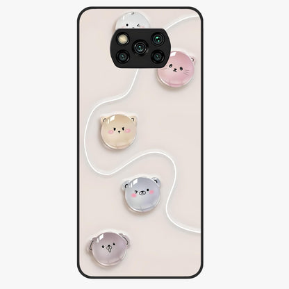 Puffy Face Parade Glass Case showing flat back view with cute puffy character faces artwork and glossy glass finish.