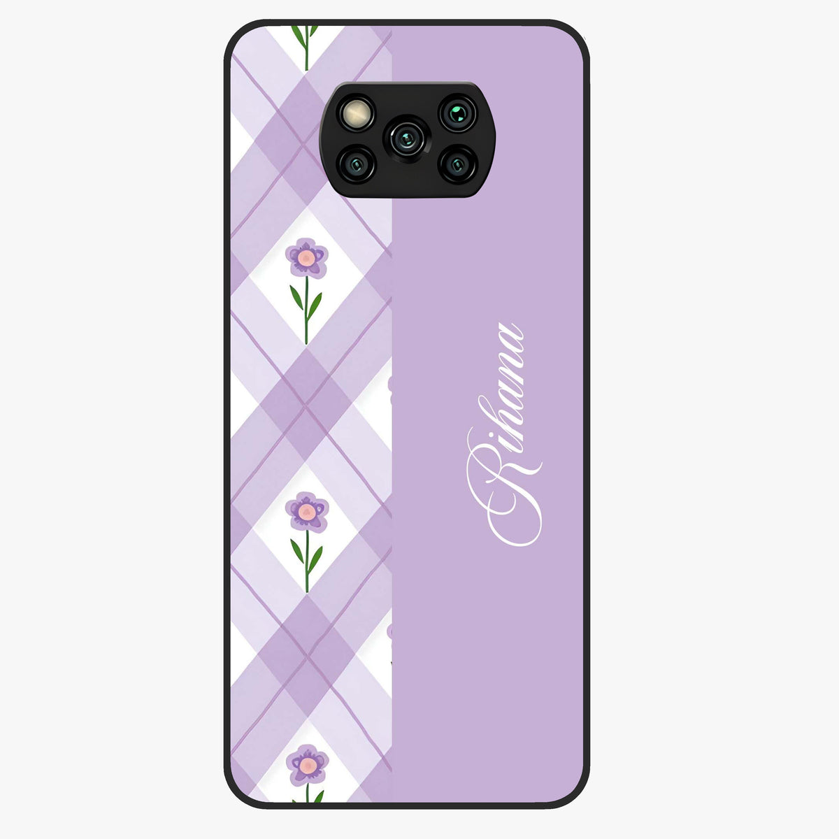 Purple Diamond Floral Glass Case showing flat back view with diamond shaped floral artwork and glossy glass finish.